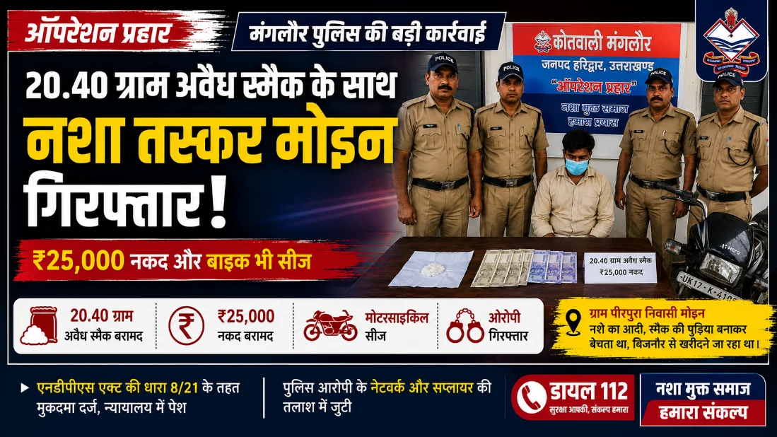 ऑपरेशन प्रहार के तहत मंगलौर पुलिस की बड़ी कार्रवाई, 20.40 ग्राम स्मैक, ₹25 हजार नकद और मोटरसाइकिल बरामद; आरोपी मोइन को भेजा जेल।